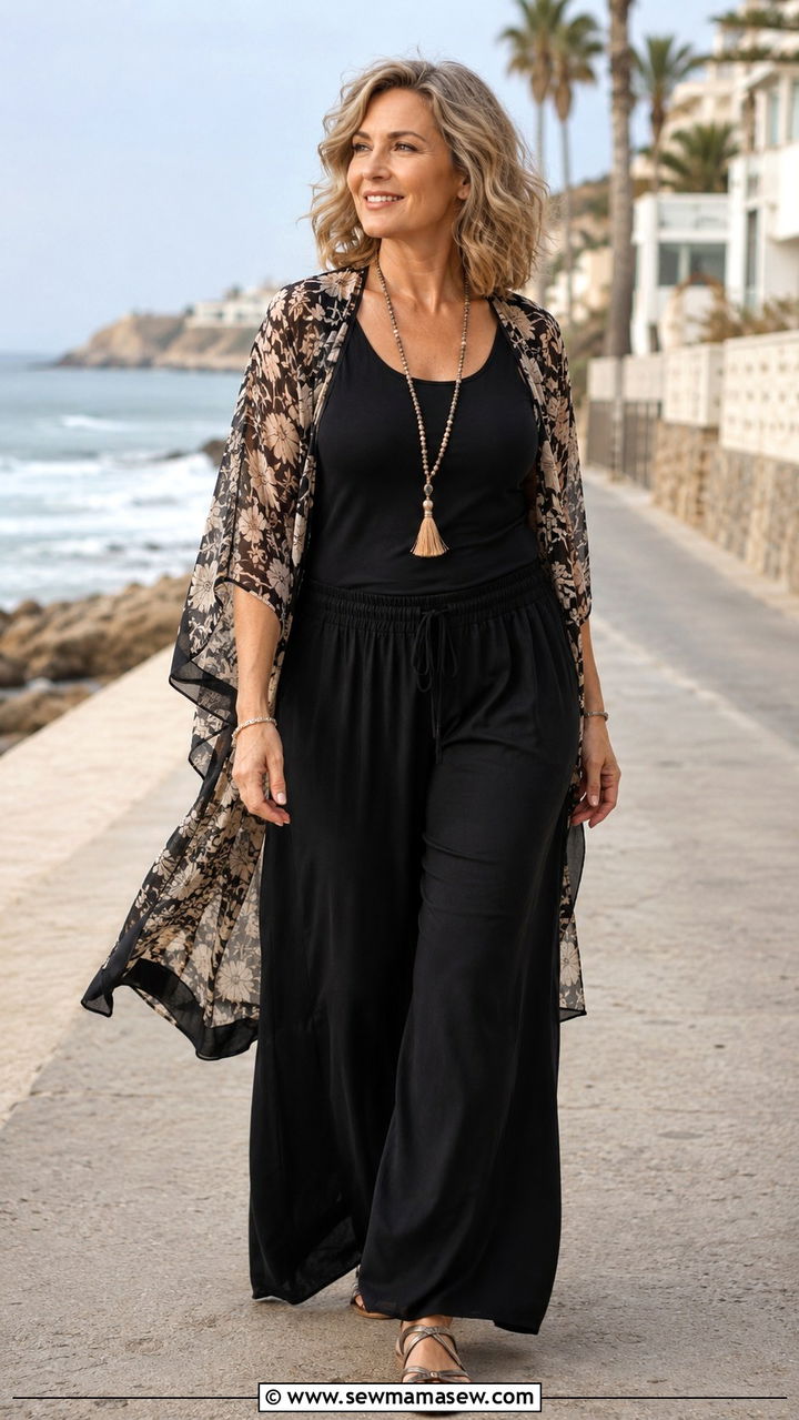 Palazzo Pants with Fitted Tank and Kimono - 20 Outfit ideas for menopause belly