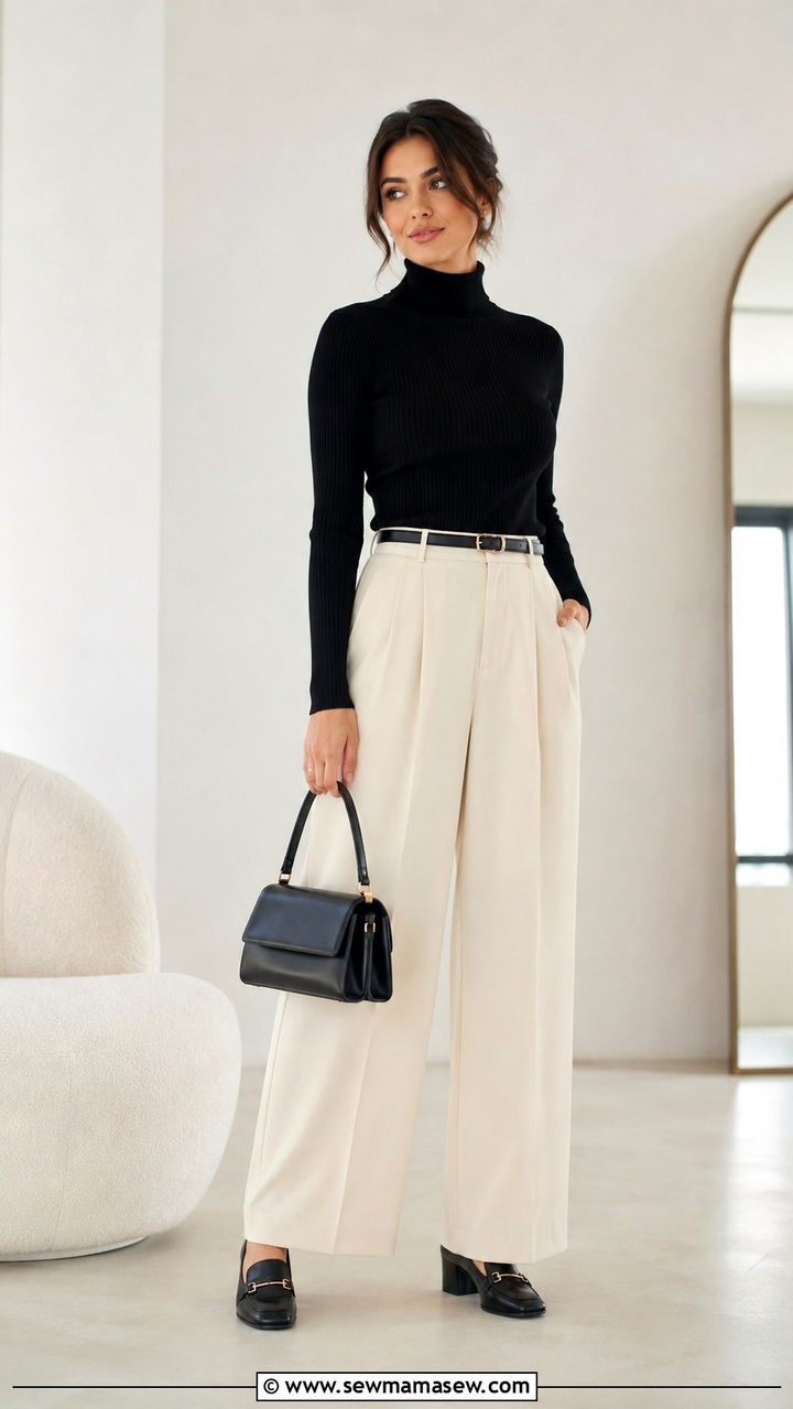Palazzo Pants with Fitted Turtleneck and Heeled Loafers - 30 Modest outfit ideas for working mom