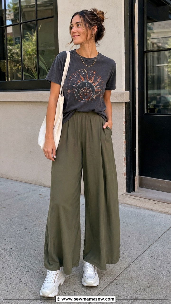 Palazzo Pants with Graphic Tee and Sneakers - 30 how to style palazzo pants