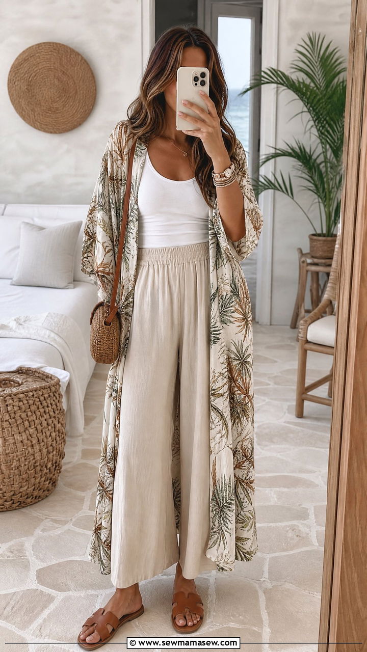 Palazzo Pants with Kimono Cardigan - 30 summer modest outfit ideas