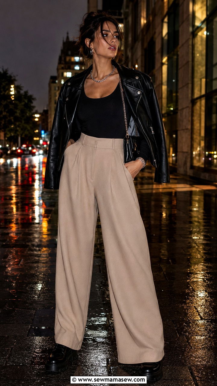 Palazzo Pants with Leather Jacket - 30 how to style palazzo pants