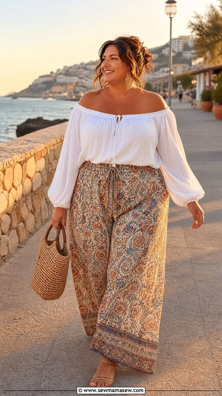 Palazzo Pants with Off Shoulder Top - 30 Plus size outfit ideas for travel