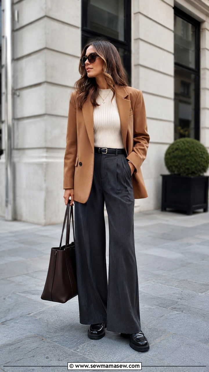 Palazzo Pants with Oversized Blazer and Loafers - 30 how to style palazzo pants
