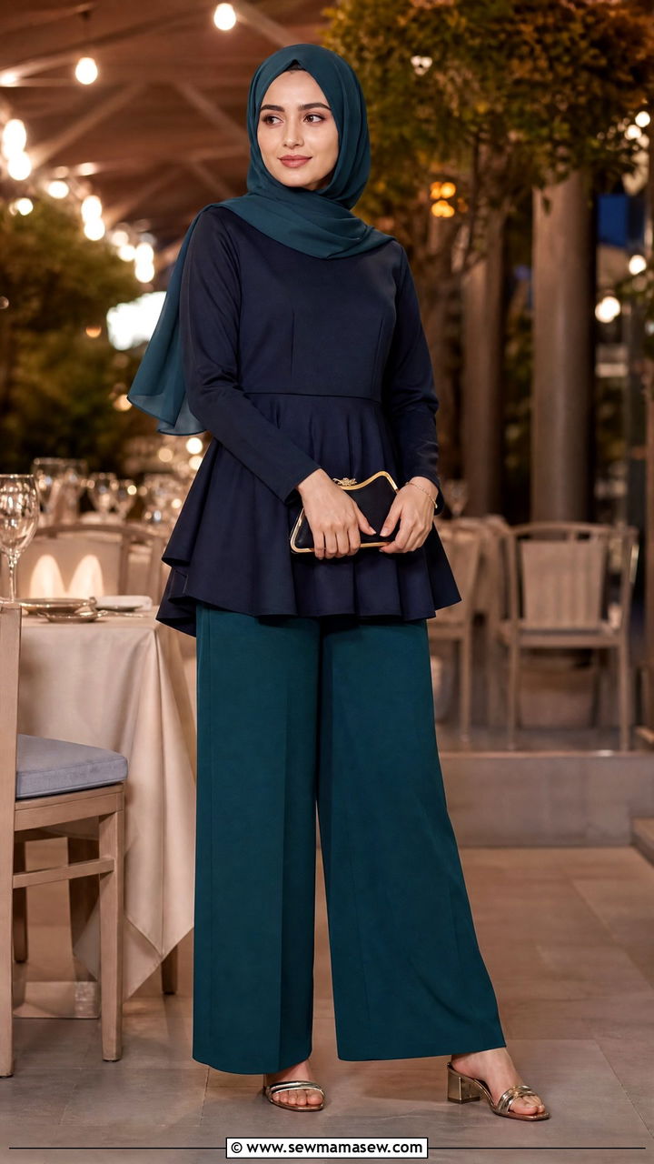 Palazzo Pants with Peplum Tunic and Heeled Sandals - 25 casual outfits for hijab women