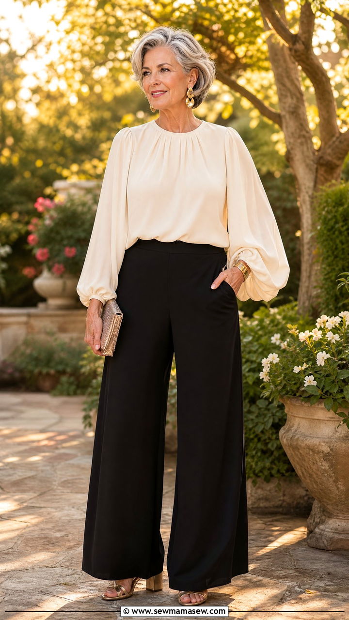 Palazzo Pants with Statement Sleeve Top - 20 Iconic outfits for women over 60
