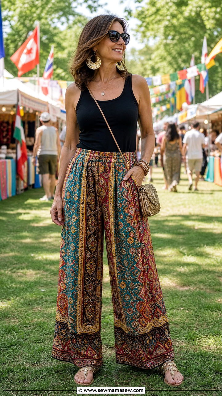 Palazzo Pants with Tank Top and Statement Earrings Festival Outfit - 30 music festival outfits for women over 40