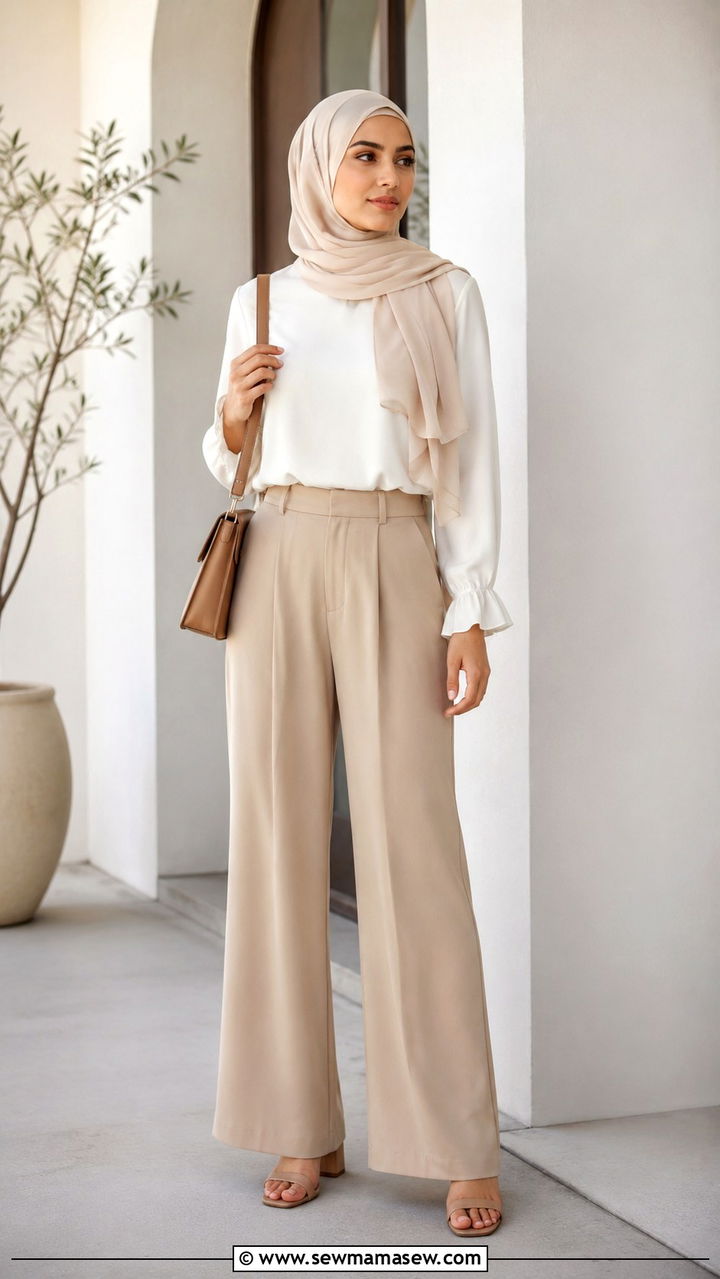 Palazzo Pants with Tucked In Blouse and Block Heels - 25 work outfits for hijab women