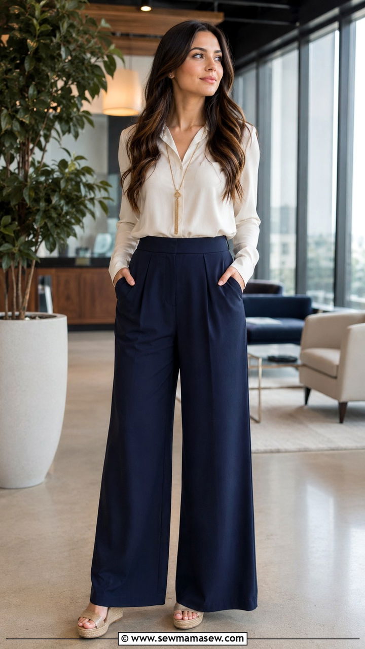 Palazzo Pants with Tucked In Blouse and Wedge Sandals - 30 Modest outfit ideas for work