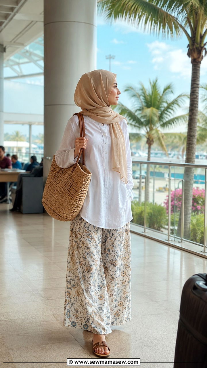 Palazzo Pants with Tunic Top and Flat Sandals - 30 Modest outfit ideas for airport