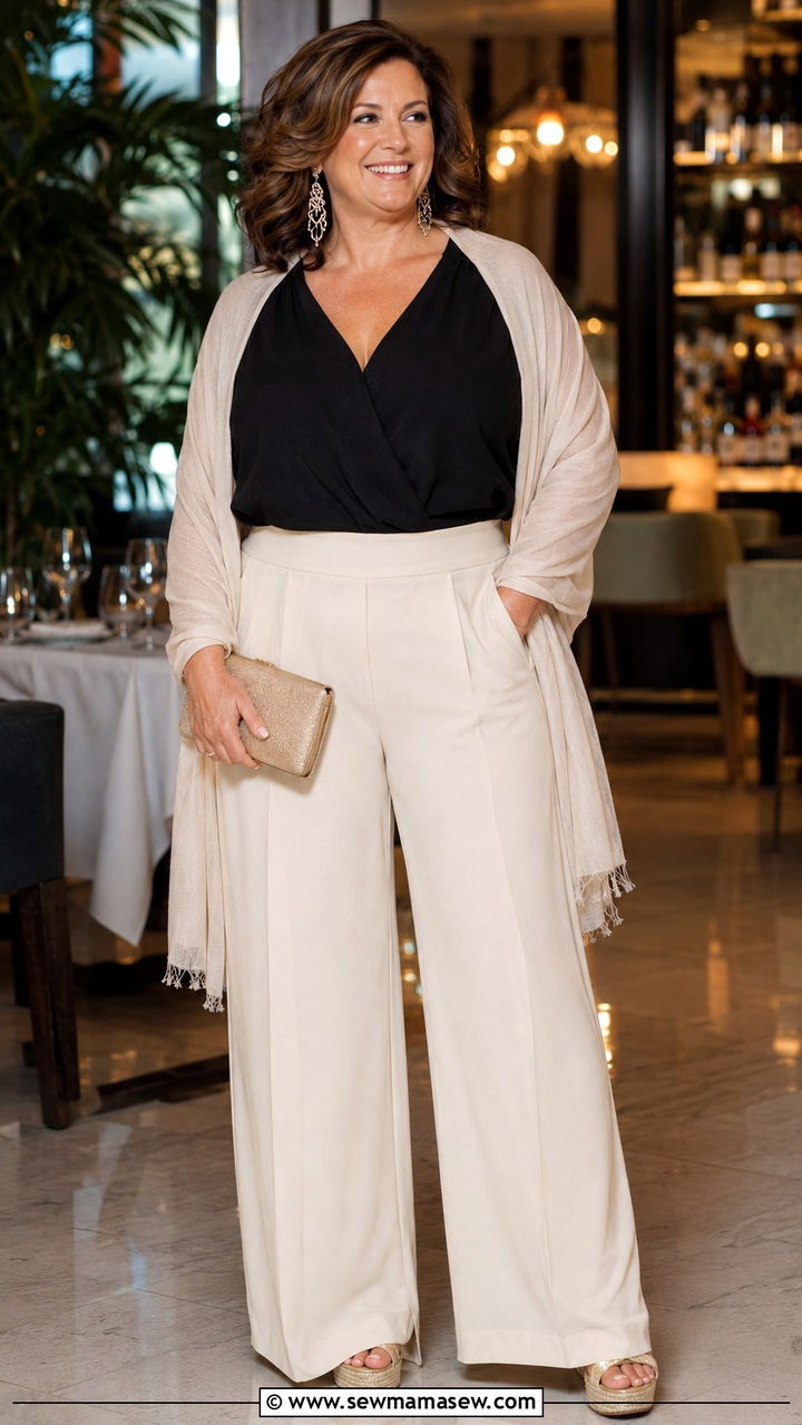 Palazzo Pants with V Neck Tucked Blouse - 30 Plus size outfit ideas for women over 50