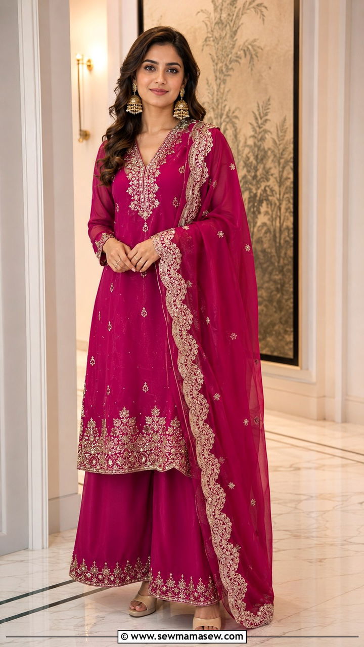 Palazzo Suit With Embroidered Kurta - 20 Wedding guest outfit ideas Barat ceremony