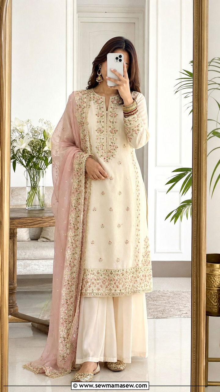 Palazzo Suit With Embroidered Kurti And Mojaris - 20 April Eid outfit ideas