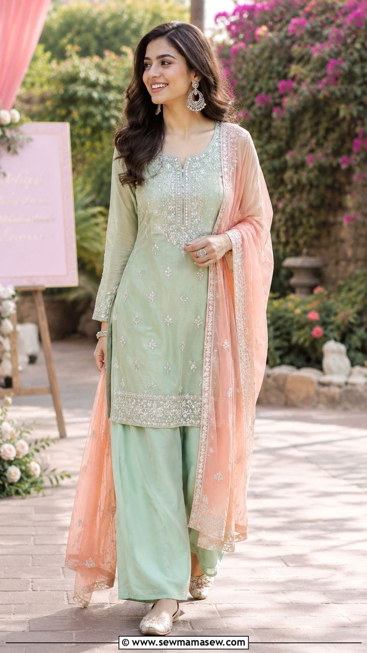 Palazzo Suit for Sangeet Ceremony - 25 Wedding guest outfit ideas Sangeet ceremony