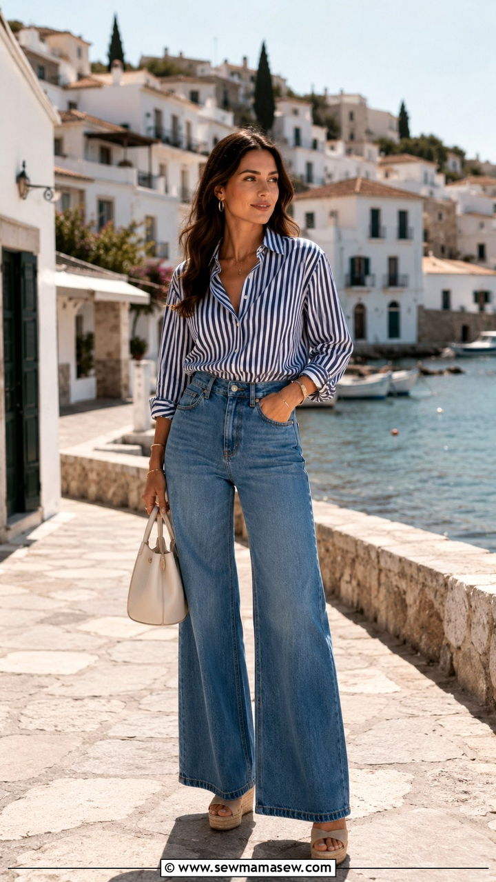 Palazzo jeans with striped shirt outfit - 20 summer to fall outfits 2026
