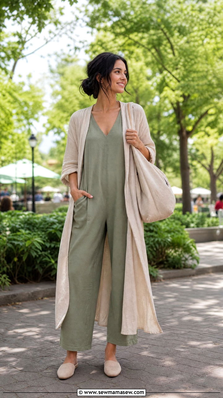 Palazzo jumpsuit and lightweight duster - 30 modest brunch outfit ideas