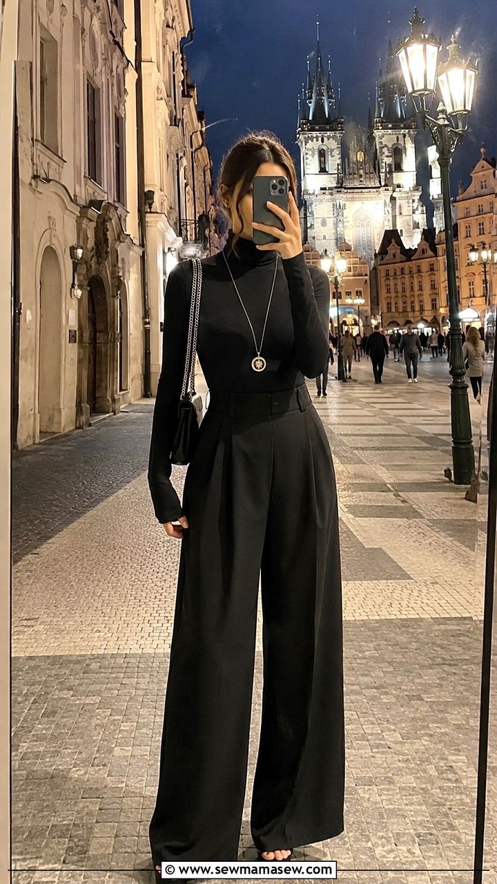Palazzo pants with a body hugging turtleneck - 25 Petite outfit ideas for Europe
