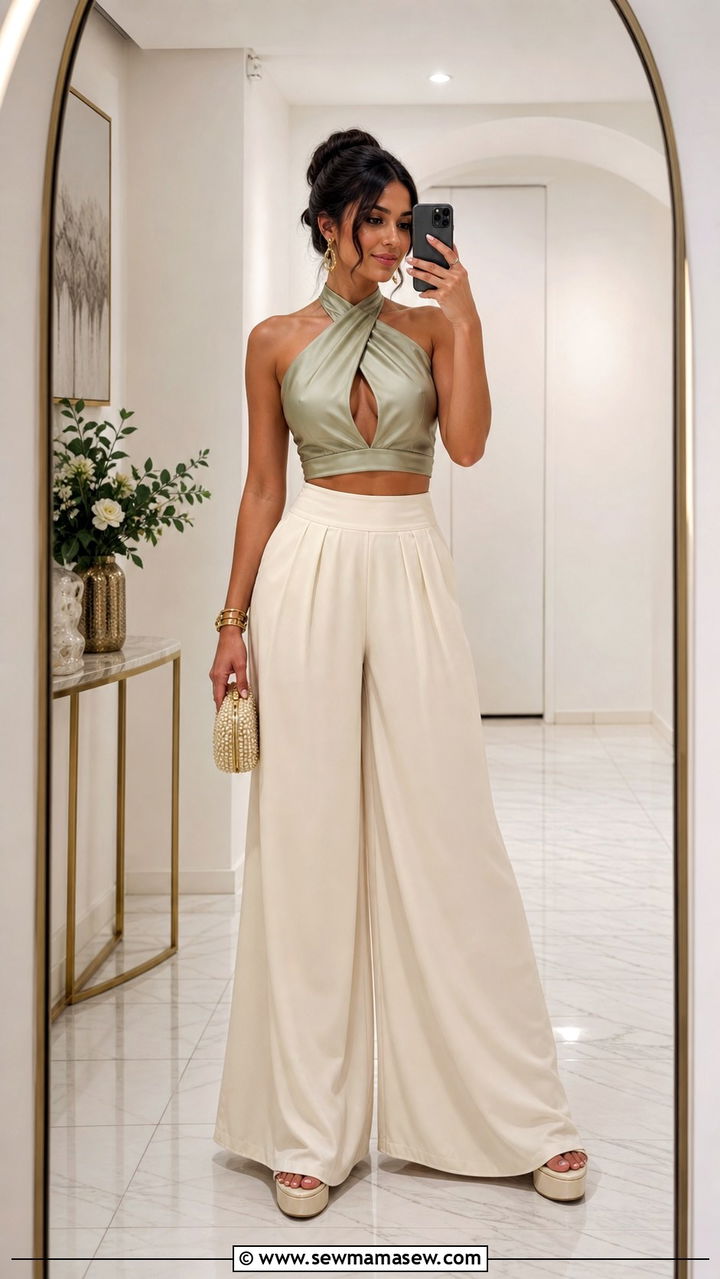 Palazzo pants with a halter neck top and platform sandals - 40 What to wear in Charleston