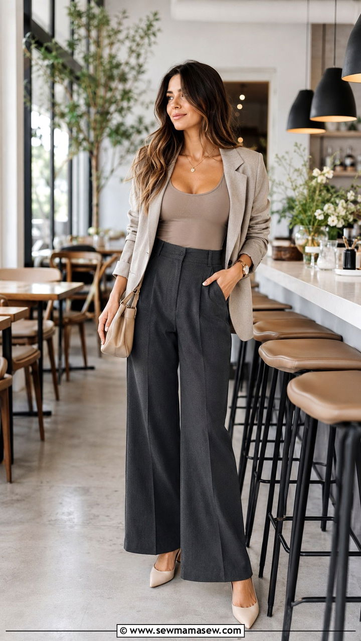 Palazzo pants with bodysuit and blazer - 30 casual palazzo pants outfits