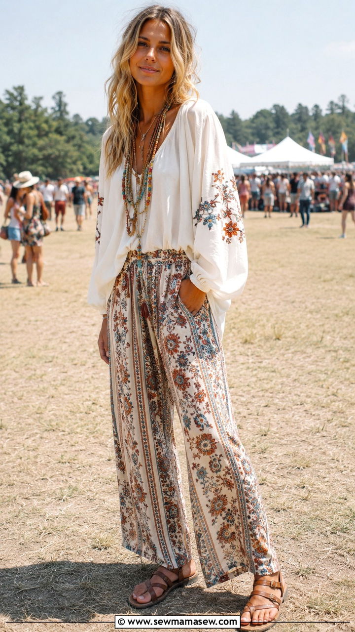 Palazzo pants with boho blouse and gladiator sandals - 30 casual palazzo pants outfits