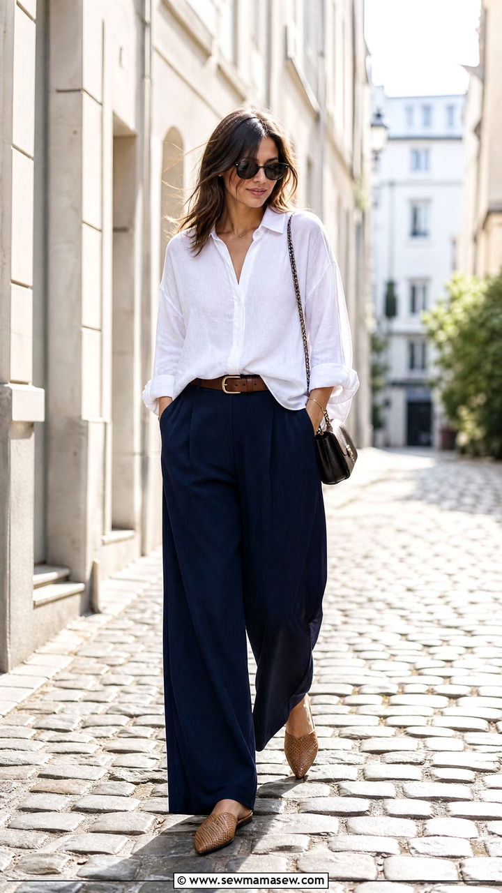 Palazzo pants with button down shirt french tuck - 25 chic palazzo pants outfit ideas