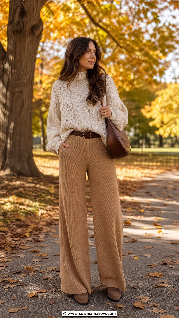 Palazzo pants with chunky sweater for fall - 25 chic palazzo pants outfit ideas