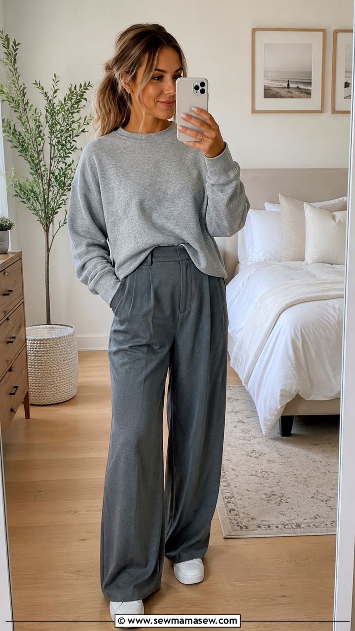 Palazzo pants with crewneck sweatshirt and sneakers - 30 casual palazzo pants outfits