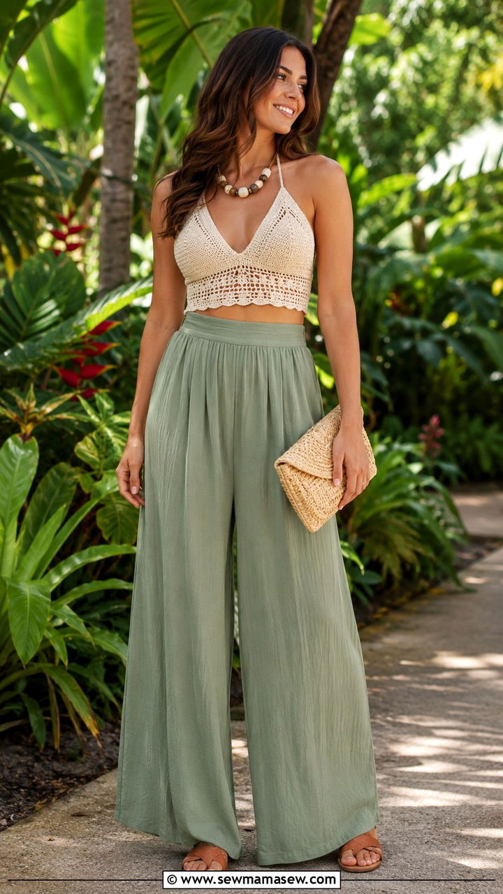 Palazzo pants with crochet halter top - 30 Tropical vacation outfit ideas