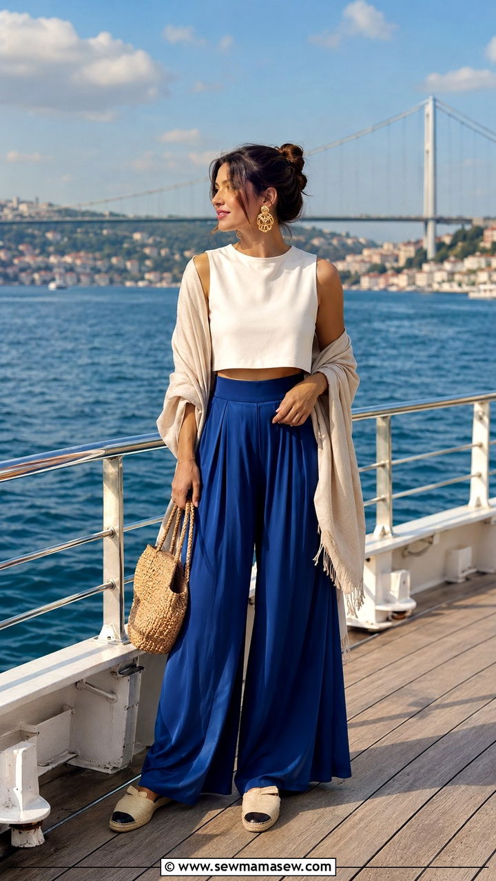 Palazzo pants with cropped blouse Istanbul Bosphorus cruise outfit - 30 Istanbul outfit ideas