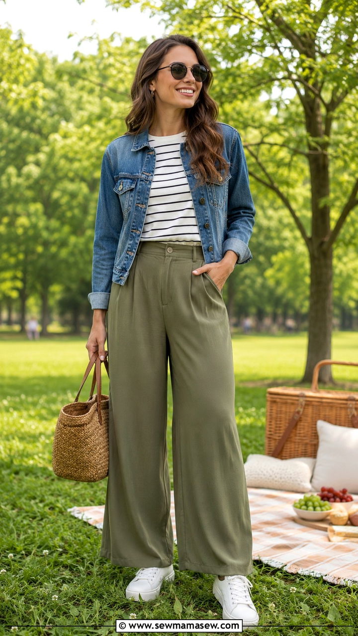 Palazzo pants with denim jacket and white sneakers - 30 casual palazzo pants outfits