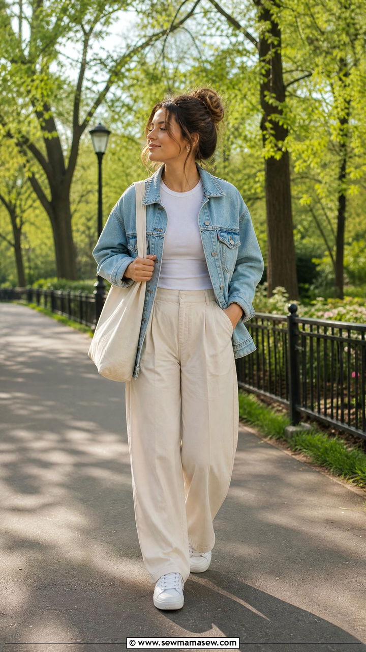 Palazzo pants with denim jacket for transitional weather - 25 chic palazzo pants outfit ideas