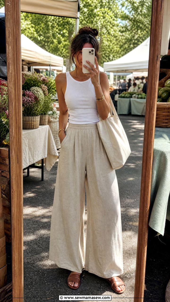 Palazzo pants with flat sandals for everyday - 25 chic palazzo pants outfit ideas