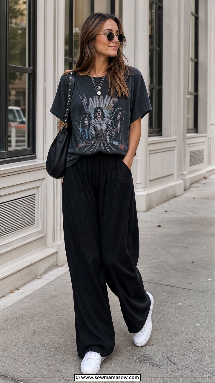 Palazzo pants with graphic tee and sneakers - 25 chic palazzo pants outfit ideas