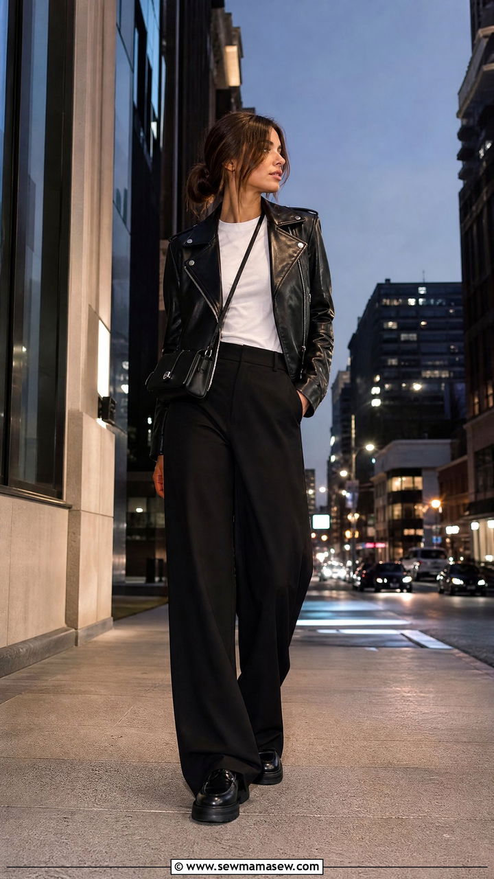 Palazzo pants with leather moto jacket for edge - 25 chic palazzo pants outfit ideas