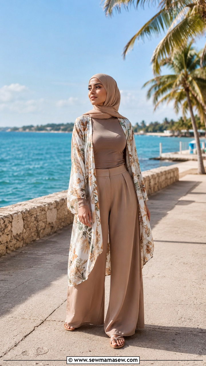 Palazzo pants with printed kimono - 25 Vacation outfit ideas Muslim women