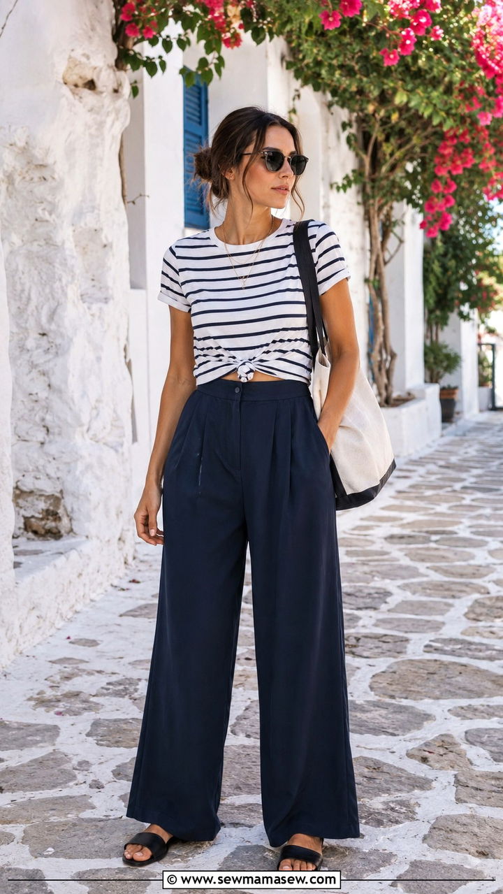 Palazzo pants with striped tee and slide sandals - 30 casual palazzo pants outfits