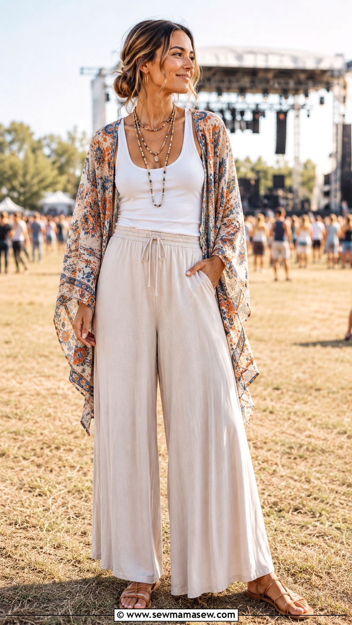 Palazzo pants with tank top and lightweight kimono - 30 modest summer concert outfit ideas