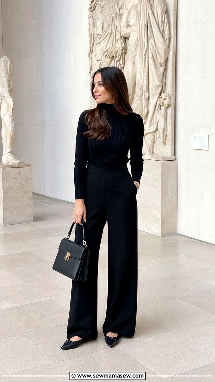 Palazzo pants with turtleneck and pointed toe flats - 30 casual palazzo pants outfits