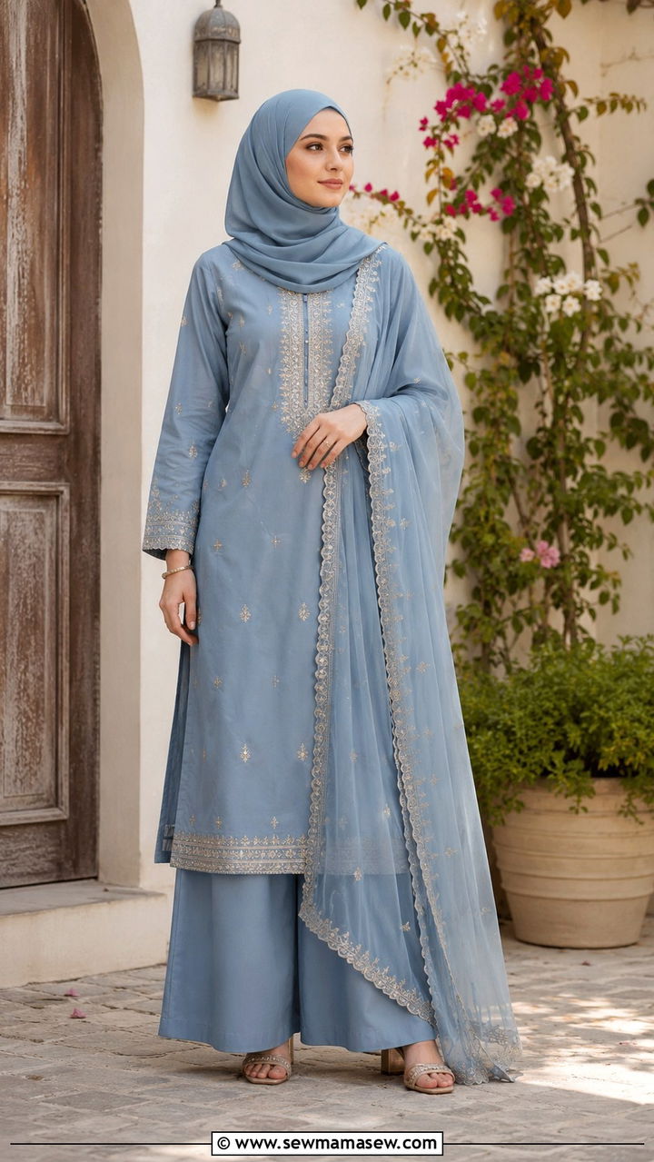Palazzo suit with embroidered straight kurta - 30 Modest outfit ideas for Eid