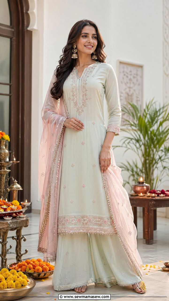 Palazzo suit with embroidered straight kurta - 35 Diwali party outfit ideas