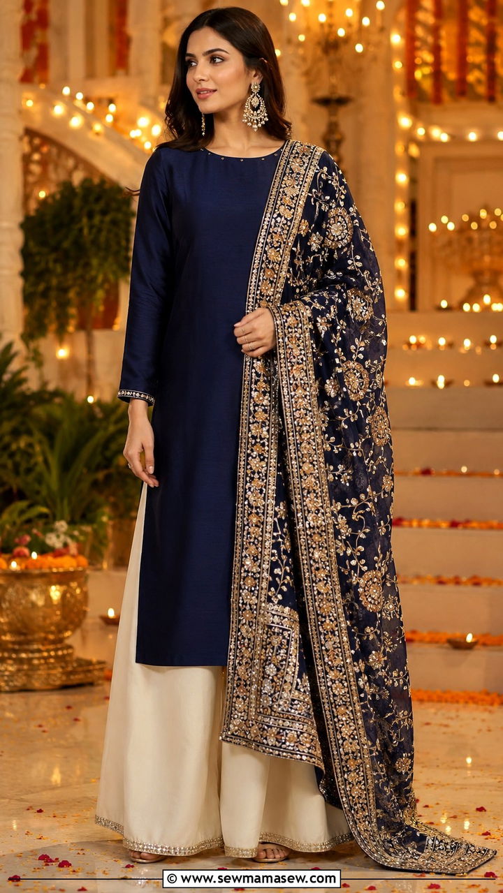 Palazzo suit with heavy dupatta - 20 Modest outfit ideas for India
