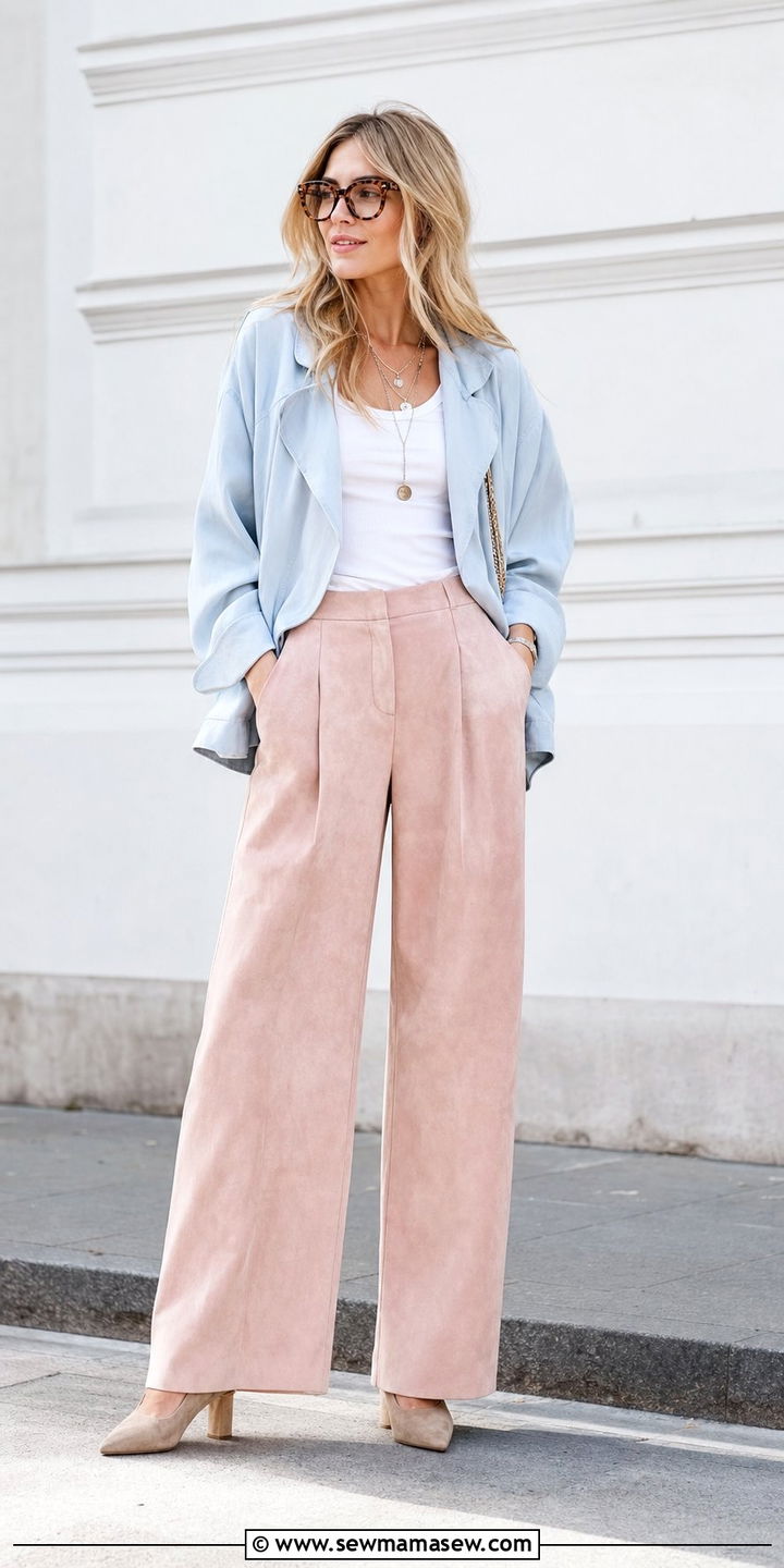 Pale Blue Airy Jacket With Blush Pink Suede Trousers - 25 Sienna Miller boho outfit ideas
