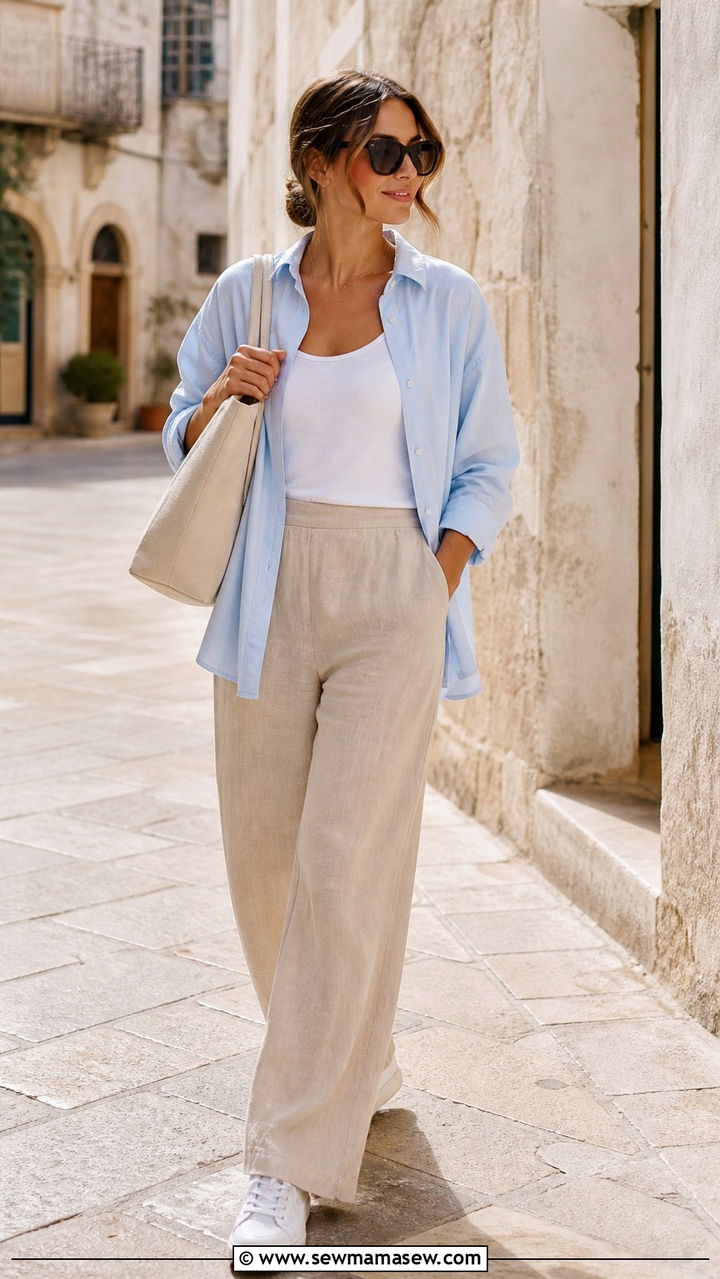 Pale Blue Button Down And Beige Linen Trousers Outfit - 40 summer clean girl outfits