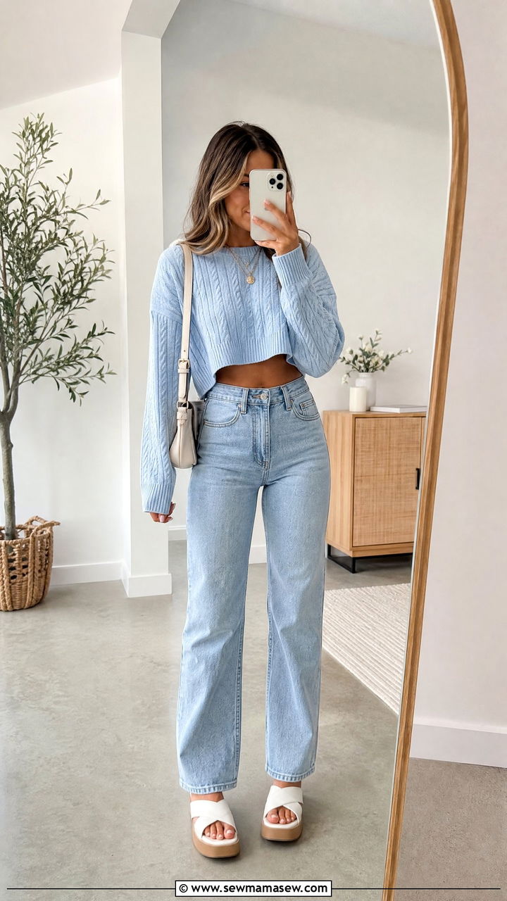 Pale Blue Cropped Sweater with High Waist Jeans - 25 spring pale blue outfit ideas