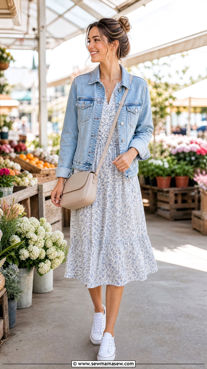 Pale Blue Denim Jacket and Floral Midi Dress - 30 summer pale blue outfit ideas