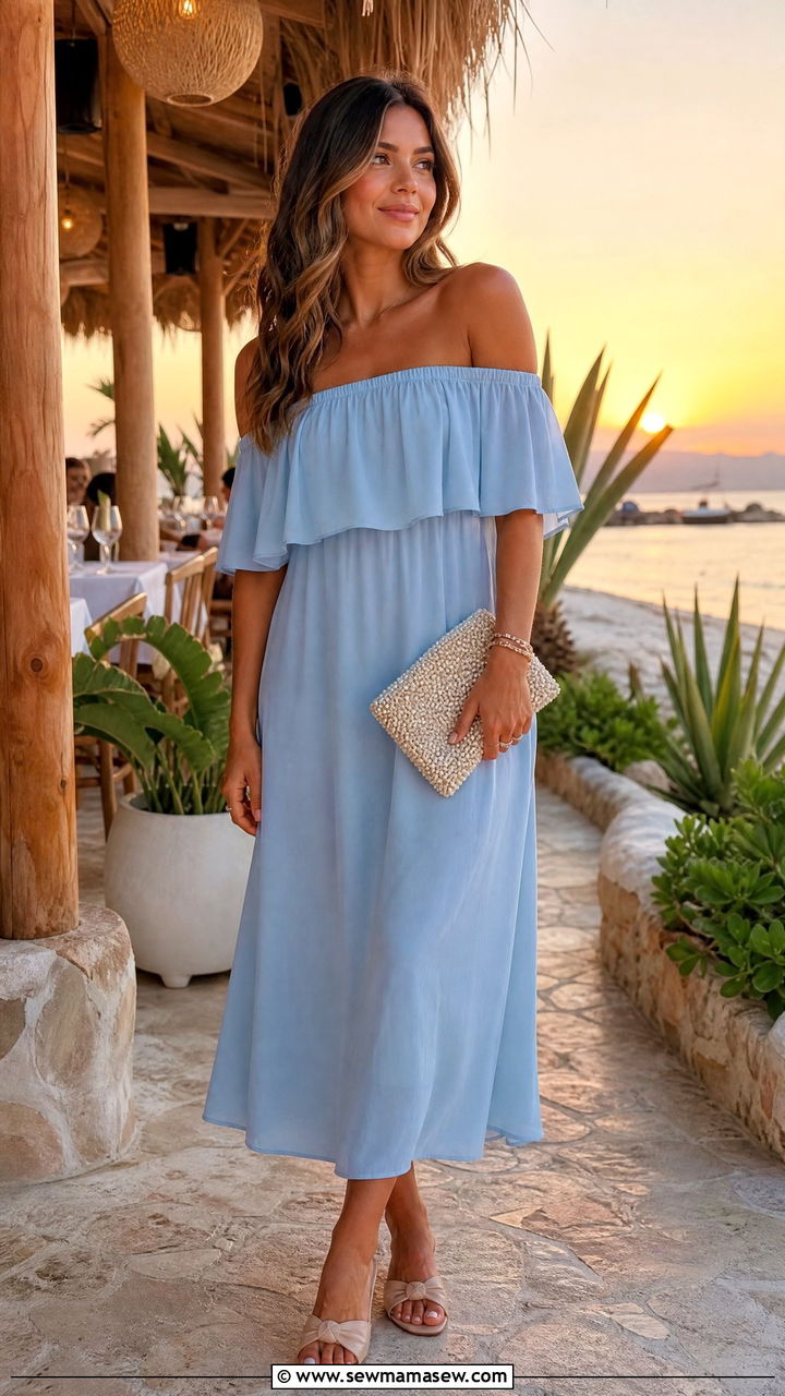 Pale Blue Off the Shoulder Dress and Slide Mules - 30 summer pale blue outfit ideas