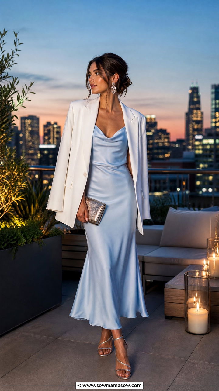 Pale Blue Slip Dress and Oversized White Blazer - 30 summer pale blue outfit ideas