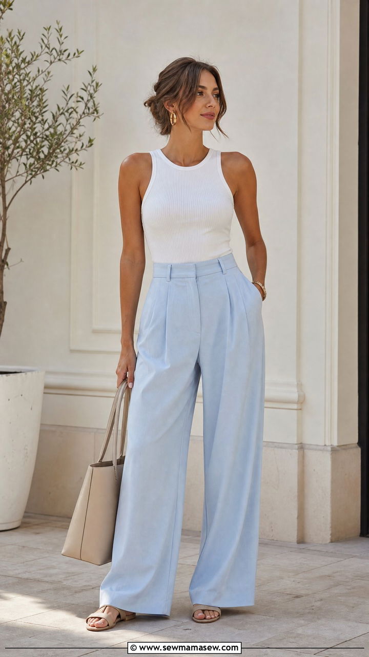 Pale Blue Wide Leg Trousers with White Tank Top - 25 spring pale blue outfit ideas