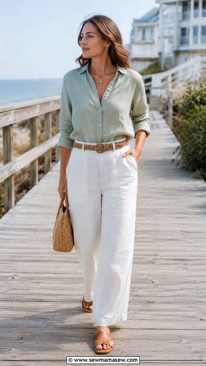 Pale Green Linen Shirt And White Linen Pants - 20 Coastal grandmother outfit ideas 2026