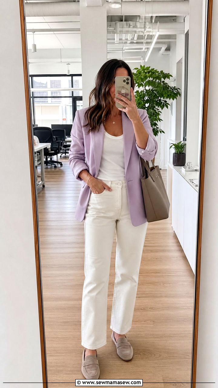 Pale Lilac Blazer Over Sleeveless Tee And Ivory Jeans - 30 summer outfits for office women