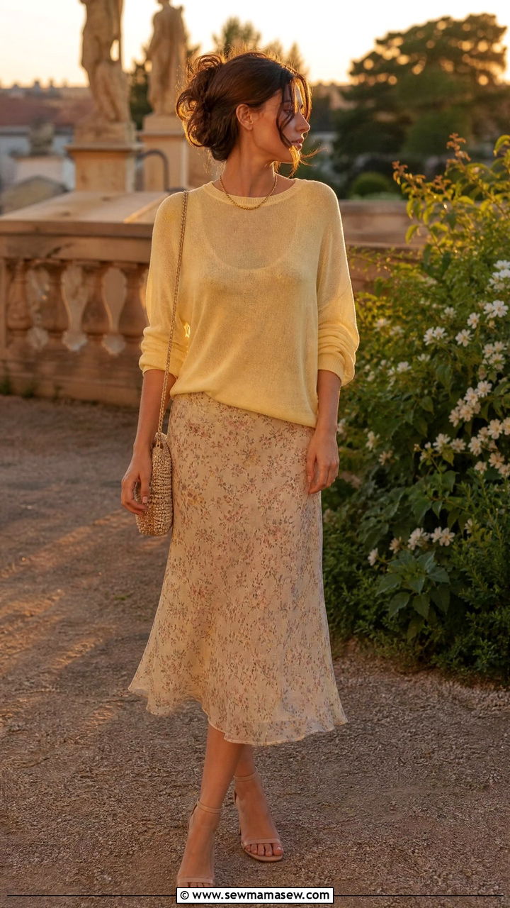 Pale Yellow Cotton Sweater Over Floral Midi Slip Skirt and Ankle Strap Sandals - 30 summer light academia outfits